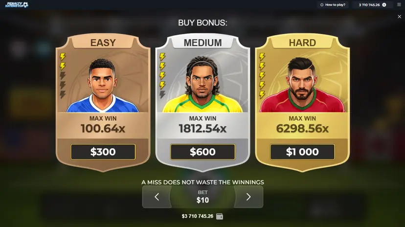 Ekran Bonus Buy w Penalty Nations Cup - poziomy Easy, Medium i Hard
